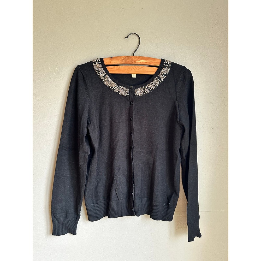 Carolyn Taylor Womens Sweater Cardigan Beaded Long Sleeves Snap Front Black M